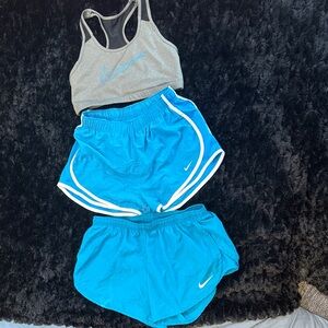 Nike Gray Sports Bra (L) with two pairs Bright Blue Running Shorts (M) Bundle